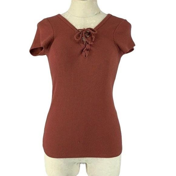 Bozzolo Rust Brown Ribbed Lace‎ Up medium Top Shirt - Picture 1 of 4